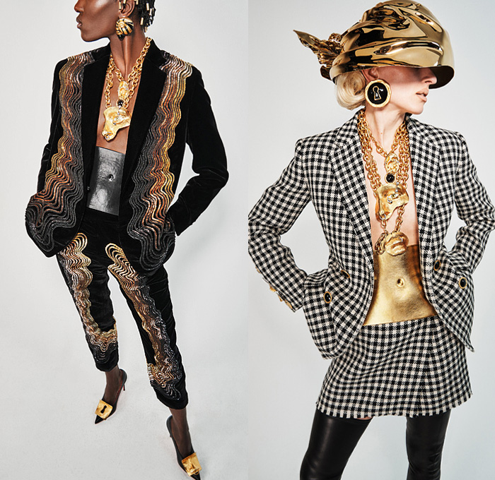 Schiaparelli 2021-2022 Fall Autumn Winter Womens Lookbook Presentation - Paris Fashion Week Femme PFW - Surreal Sculptural Gold Cast Molded Breasts Nose Ears Face Dove Chain Padlock Helmet Denim Jeans Coat Robe Bomber Tuxedo Jacket Hoodie Bedazzled Trompe L'oeil Sequins  Embroidery Knit Sweater Crop Top Midriff Bralette Tweed Plaid Check Pantsuit Puff Ball Wrap Dress Silk Satin Wide Leg Palazzo Pants Stirrup Leggings Shorts Corset Onesie Romper Pleats Miniskirt Wedge Gloves Handbag