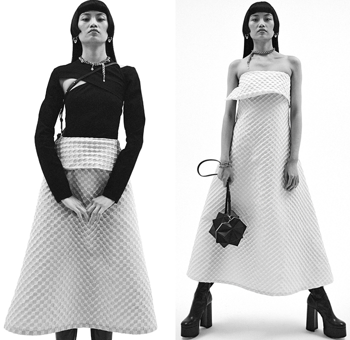 Sid Neigum 2021 Pre-Fall Autumn Womens Lookbook Presentation - Modular Origami Triambic Icosahedron Handbag Sculptural Honeycomb Prismatic Cubic Grid Double Plissé Accordion Pleats Metallic Silk Jacquard Leg O'Mutton Sleeves Poufy Shoulders Crop Top Midriff Prairie Damsel Dress Cutout Holes Patchwork Tension Line String Tied Knot Grosgrain Ribbon Blouse Asymmetrical Hem Skirt Pantsuit Blazer Chevron Zigzag Wrap Strapless Shirtdress Boots