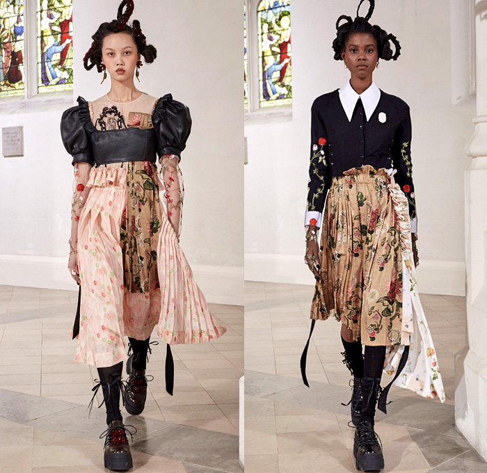 Simone Rocha 2021-2022 Fall Autumn Winter Womens Runway Catwalk Looks - London Fashion Week Collections UK - Fragile Rebel 3D Satin Roses Flowers Floral Trompe L'oeil Edwardian Balloon Sleeves Poufy Puff Shoulders Motorcycle Biker Jacket Tiered Voluminous Ruffles Lace Embroidery Sheer Tulle Pink Black Leather Bedazzled Pearls Crystals Gemstones Harness Brocade Babydoll Pinafore Dress Coat Blazer Blouse Patchwork Pleats Cardigan Tights Leggings Ties Shorts Platform Sneakers Handbag