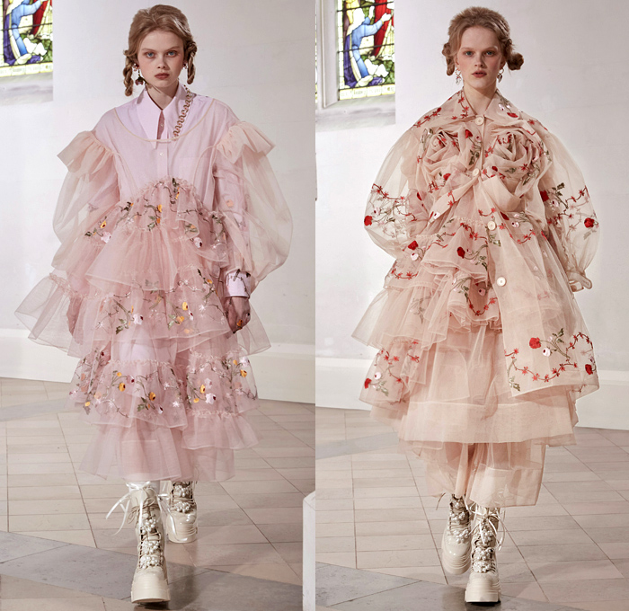 Simone Rocha 2021-2022 Fall Autumn Winter Womens Runway Catwalk Looks - London Fashion Week Collections UK - Fragile Rebel 3D Satin Roses Flowers Floral Trompe L'oeil Edwardian Balloon Sleeves Poufy Puff Shoulders Motorcycle Biker Jacket Tiered Voluminous Ruffles Lace Embroidery Sheer Tulle Pink Black Leather Bedazzled Pearls Crystals Gemstones Harness Brocade Babydoll Pinafore Dress Coat Blazer Blouse Patchwork Pleats Cardigan Tights Leggings Ties Shorts Platform Sneakers Handbag