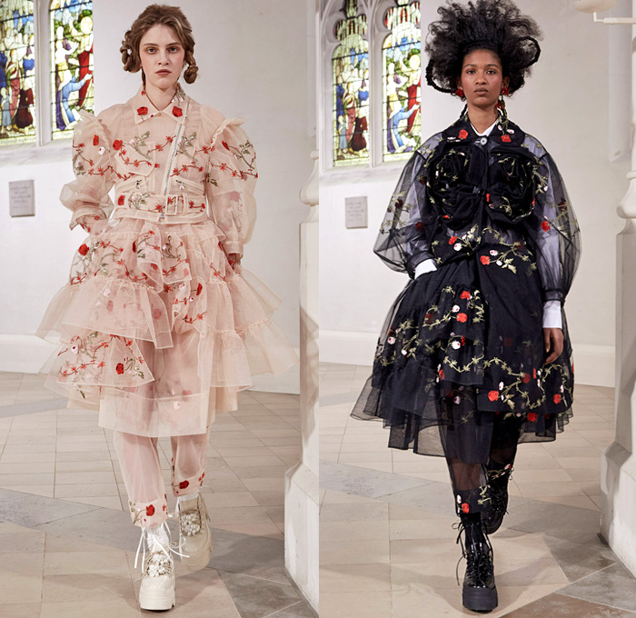 Simone Rocha 2021-2022 Fall Autumn Winter Womens Runway Catwalk Looks - London Fashion Week Collections UK - Fragile Rebel 3D Satin Roses Flowers Floral Trompe L'oeil Edwardian Balloon Sleeves Poufy Puff Shoulders Motorcycle Biker Jacket Tiered Voluminous Ruffles Lace Embroidery Sheer Tulle Pink Black Leather Bedazzled Pearls Crystals Gemstones Harness Brocade Babydoll Pinafore Dress Coat Blazer Blouse Patchwork Pleats Cardigan Tights Leggings Ties Shorts Platform Sneakers Handbag