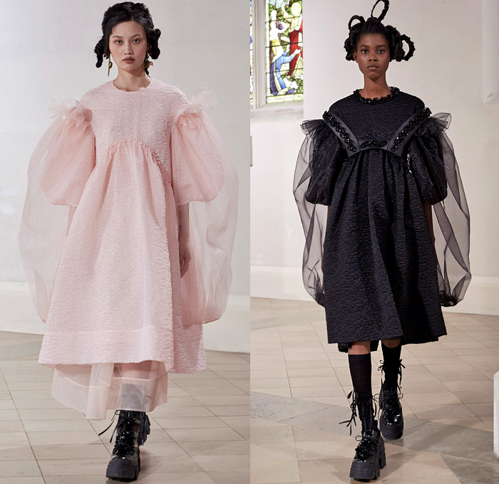 Simone Rocha 2021-2022 Fall Autumn Winter Womens Runway Catwalk Looks - London Fashion Week Collections UK - Fragile Rebel 3D Satin Roses Flowers Floral Trompe L'oeil Edwardian Balloon Sleeves Poufy Puff Shoulders Motorcycle Biker Jacket Tiered Voluminous Ruffles Lace Embroidery Sheer Tulle Pink Black Leather Bedazzled Pearls Crystals Gemstones Harness Brocade Babydoll Pinafore Dress Coat Blazer Blouse Patchwork Pleats Cardigan Tights Leggings Ties Shorts Platform Sneakers Handbag