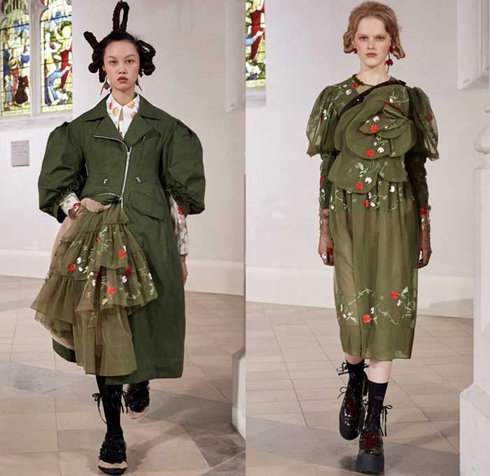 Simone Rocha 2021-2022 Fall Autumn Winter Womens Runway Catwalk Looks - London Fashion Week Collections UK - Fragile Rebel 3D Satin Roses Flowers Floral Trompe L'oeil Edwardian Balloon Sleeves Poufy Puff Shoulders Motorcycle Biker Jacket Tiered Voluminous Ruffles Lace Embroidery Sheer Tulle Pink Black Leather Bedazzled Pearls Crystals Gemstones Harness Brocade Babydoll Pinafore Dress Coat Blazer Blouse Patchwork Pleats Cardigan Tights Leggings Ties Shorts Platform Sneakers Handbag