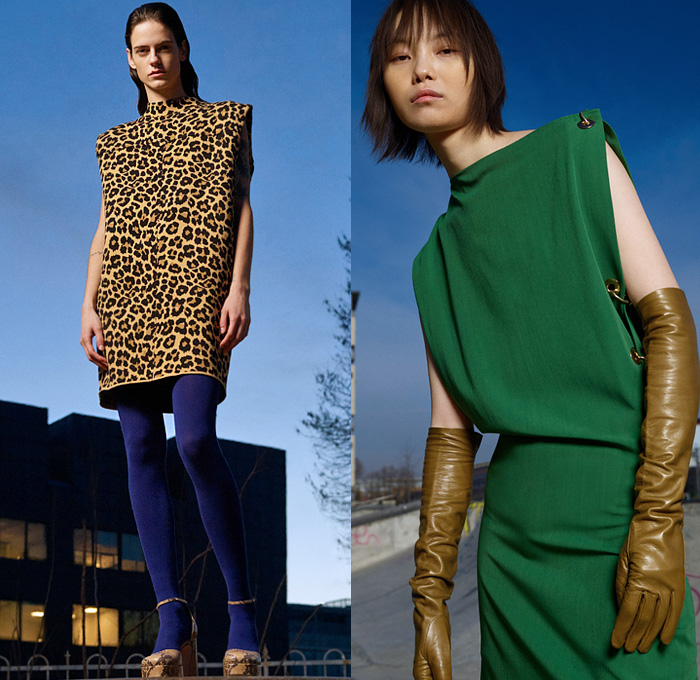 Sportmax 2021 Pre-Fall Autumn Womens Lookbook Presentation - Sleeveless Tabard Apron Cap Sleeve Tunic Animalier Leopard Cheetah Zebra Stripes Snakeskin Leggings Tights Grommets Hooks Opera Gloves Knit Turtleneck Sweater Perforated Slashed Fringes Velvet Velour Loungewear Sleepwear Pajamas Wide Belt Midi Skirt Maxi Dress Scarf Pantsuit Blazer Trench Coat Wrap Thigh High Boots Elevator Shoes