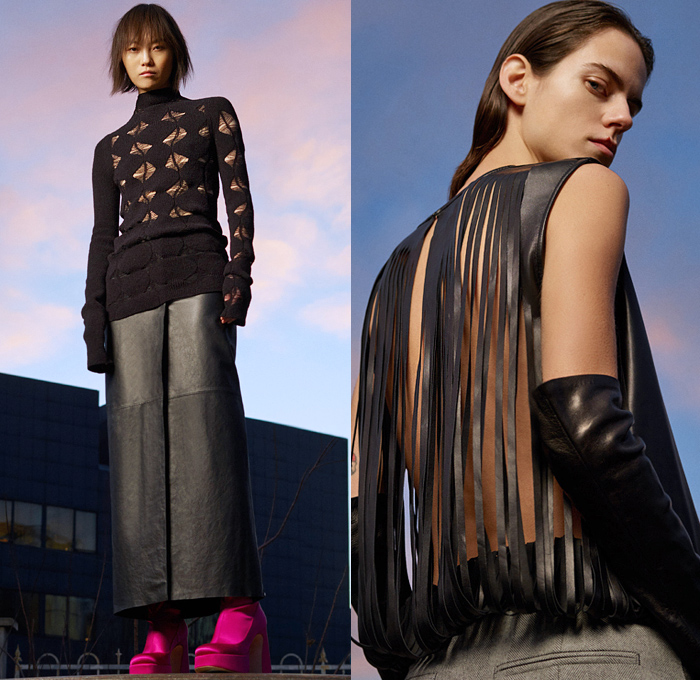 Sportmax 2021 Pre-Fall Autumn Womens Lookbook Presentation - Sleeveless Tabard Apron Cap Sleeve Tunic Animalier Leopard Cheetah Zebra Stripes Snakeskin Leggings Tights Grommets Hooks Opera Gloves Knit Turtleneck Sweater Perforated Slashed Fringes Velvet Velour Loungewear Sleepwear Pajamas Wide Belt Midi Skirt Maxi Dress Scarf Pantsuit Blazer Trench Coat Wrap Thigh High Boots Elevator Shoes