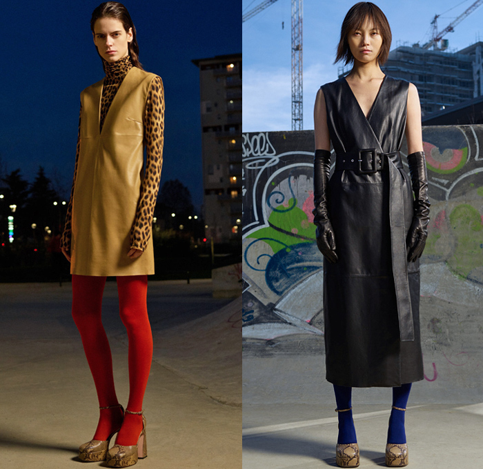 Sportmax 2021 Pre-Fall Autumn Womens Lookbook Presentation - Sleeveless Tabard Apron Cap Sleeve Tunic Animalier Leopard Cheetah Zebra Stripes Snakeskin Leggings Tights Grommets Hooks Opera Gloves Knit Turtleneck Sweater Perforated Slashed Fringes Velvet Velour Loungewear Sleepwear Pajamas Wide Belt Midi Skirt Maxi Dress Scarf Pantsuit Blazer Trench Coat Wrap Thigh High Boots Elevator Shoes