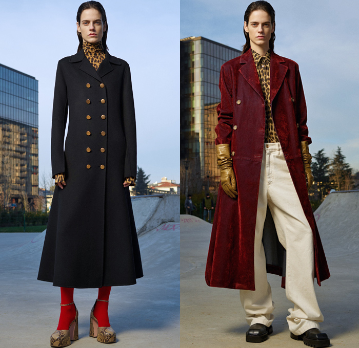 Sportmax 2021 Pre-Fall Autumn Womens Lookbook Presentation - Sleeveless Tabard Apron Cap Sleeve Tunic Animalier Leopard Cheetah Zebra Stripes Snakeskin Leggings Tights Grommets Hooks Opera Gloves Knit Turtleneck Sweater Perforated Slashed Fringes Velvet Velour Loungewear Sleepwear Pajamas Wide Belt Midi Skirt Maxi Dress Scarf Pantsuit Blazer Trench Coat Wrap Thigh High Boots Elevator Shoes