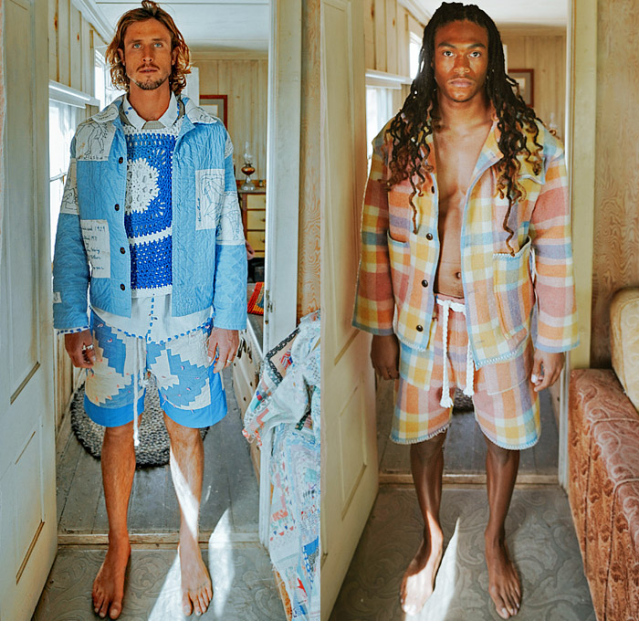 STAN by Tristan Detwiler 2021-2022 Fall Autumn Winter Mens Lookbook Presentation - Antique Blankets Vintage Quilts Upcycled Repurposed Autograph Quilt Hunting Blanket Lodge Camp Log Cabin Jacket Wool Square Coat One Patch Snowflake Knit Mesh Crochet Vest Wool Carriage Hoodie Sweatshirt Fringes Moire Trousers Surfer Iconography Embroidered Linen Tablecloth Overshirt Patchwork 8-Point Star Dutch Plaid Check Potato Sack Pants Board Shorts Loungewear Sleepwear Corduroy Brogues Boots