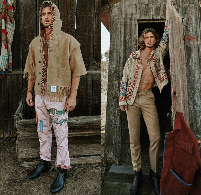 STAN by Tristan Detwiler 2021-2022 Fall Autumn Winter Mens Lookbook Presentation - Antique Blankets Vintage Quilts Upcycled Repurposed Autograph Quilt Hunting Blanket Lodge Camp Log Cabin Jacket Wool Square Coat One Patch Snowflake Knit Mesh Crochet Vest Wool Carriage Hoodie Sweatshirt Fringes Moire Trousers Surfer Iconography Embroidered Linen Tablecloth Overshirt Patchwork 8-Point Star Dutch Plaid Check Potato Sack Pants Board Shorts Loungewear Sleepwear Corduroy Brogues Boots