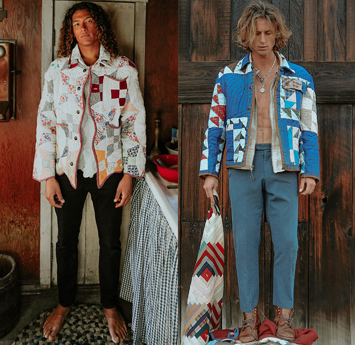 STAN by Tristan Detwiler 2021-2022 Fall Autumn Winter Mens Lookbook Presentation - Antique Blankets Vintage Quilts Upcycled Repurposed Autograph Quilt Hunting Blanket Lodge Camp Log Cabin Jacket Wool Square Coat One Patch Snowflake Knit Mesh Crochet Vest Wool Carriage Hoodie Sweatshirt Fringes Moire Trousers Surfer Iconography Embroidered Linen Tablecloth Overshirt Patchwork 8-Point Star Dutch Plaid Check Potato Sack Pants Board Shorts Loungewear Sleepwear Corduroy Brogues Boots