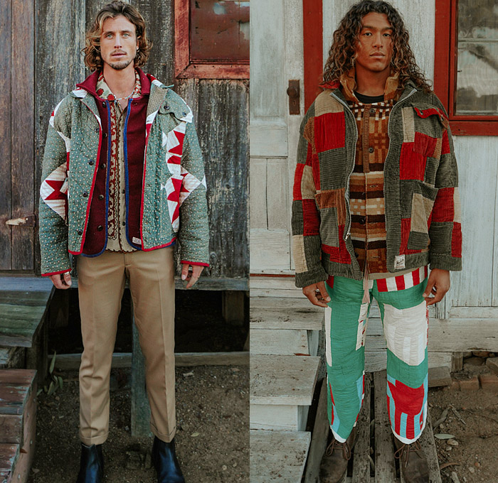 STAN by Tristan Detwiler 2021-2022 Fall Autumn Winter Mens Lookbook Presentation - Antique Blankets Vintage Quilts Upcycled Repurposed Autograph Quilt Hunting Blanket Lodge Camp Log Cabin Jacket Wool Square Coat One Patch Snowflake Knit Mesh Crochet Vest Wool Carriage Hoodie Sweatshirt Fringes Moire Trousers Surfer Iconography Embroidered Linen Tablecloth Overshirt Patchwork 8-Point Star Dutch Plaid Check Potato Sack Pants Board Shorts Loungewear Sleepwear Corduroy Brogues Boots