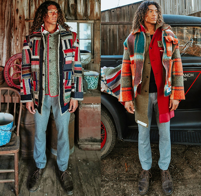 STAN by Tristan Detwiler 2021-2022 Fall Autumn Winter Mens Lookbook Presentation - Antique Blankets Vintage Quilts Upcycled Repurposed Autograph Quilt Hunting Blanket Lodge Camp Log Cabin Jacket Wool Square Coat One Patch Snowflake Knit Mesh Crochet Vest Wool Carriage Hoodie Sweatshirt Fringes Moire Trousers Surfer Iconography Embroidered Linen Tablecloth Overshirt Patchwork 8-Point Star Dutch Plaid Check Potato Sack Pants Board Shorts Loungewear Sleepwear Corduroy Brogues Boots