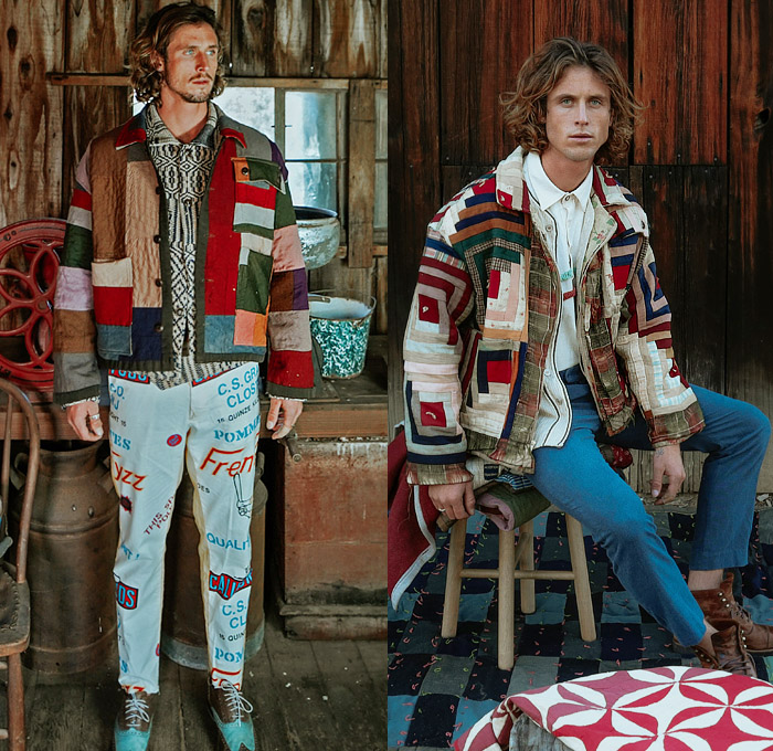 STAN by Tristan Detwiler 2021-2022 Fall Autumn Winter Mens Lookbook Presentation - Antique Blankets Vintage Quilts Upcycled Repurposed Autograph Quilt Hunting Blanket Lodge Camp Log Cabin Jacket Wool Square Coat One Patch Snowflake Knit Mesh Crochet Vest Wool Carriage Hoodie Sweatshirt Fringes Moire Trousers Surfer Iconography Embroidered Linen Tablecloth Overshirt Patchwork 8-Point Star Dutch Plaid Check Potato Sack Pants Board Shorts Loungewear Sleepwear Corduroy Brogues Boots