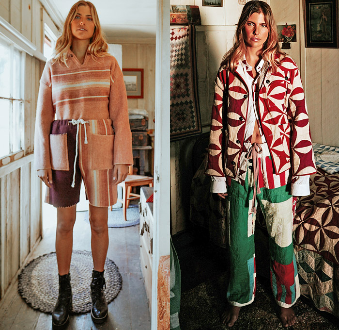 STAN by Tristan Detwiler 2021-2022 Fall Autumn Winter Womens Lookbook Presentation - Antique Blankets Vintage Quilts Upcycled Repurposed Wool Camp Hoodie Parka Cathedral Window Pattern Pre-WWII Embroidery Northern Afghan Tribal Outerwear Coat Flowers Floral Dark Wash Denim Jeans Geometric Dress Patchwork Panels Wide Leg Drawstring Stripes Shorts Pockets Bohemian Boho Chic Boots