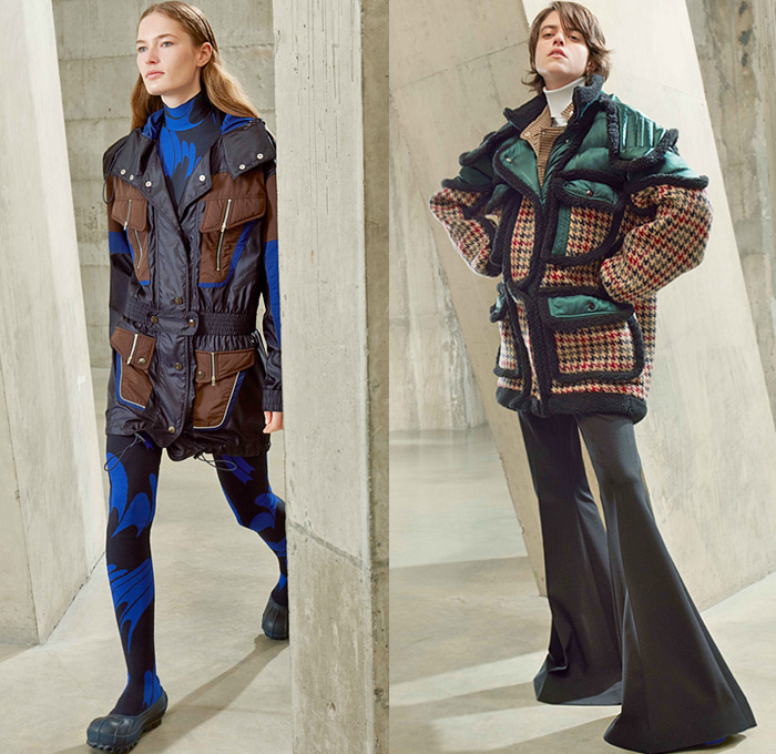 Stella McCartney 2021-2022 Fall Autumn Winter Womens Lookbook Presentation - London Fashion Week Collections UK - Desire Sustainable Recycled Vegan Wool Satin PVC-Free Psychedelic Optical Art Check Plaid Swirls Textural Popcorn Spiky Knit Glitter Sequins Lurex Pantsuit Turtleneck Coat Houndstooth Quilted Puffer Hoodie Parka Patchwork Vest One Shoulder Onesie Jumpsuit Coveralls Disco Wrap Cinch Dress Tied Twisted Flare Bell Bottom Leggings Parachute Zipper Pants Handbag Tote Plugs Boots