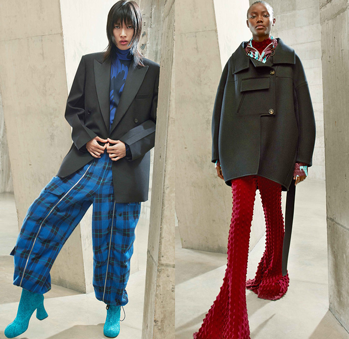 Stella McCartney 2021-2022 Fall Autumn Winter Womens Lookbook Presentation - London Fashion Week Collections UK - Desire Sustainable Recycled Vegan Wool Satin PVC-Free Psychedelic Optical Art Check Plaid Swirls Textural Popcorn Spiky Knit Glitter Sequins Lurex Pantsuit Turtleneck Coat Houndstooth Quilted Puffer Hoodie Parka Patchwork Vest One Shoulder Onesie Jumpsuit Coveralls Disco Wrap Cinch Dress Tied Twisted Flare Bell Bottom Leggings Parachute Zipper Pants Handbag Tote Plugs Boots