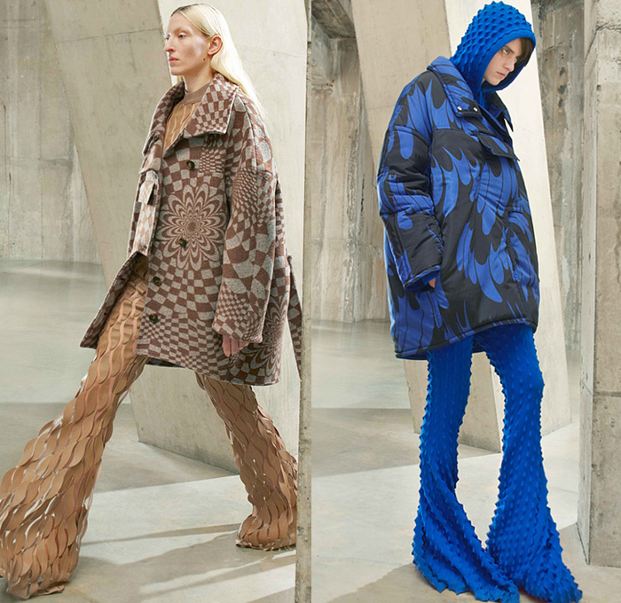 Stella McCartney 2021-2022 Fall Autumn Winter Womens Lookbook Presentation - London Fashion Week Collections UK - Desire Sustainable Recycled Vegan Wool Satin PVC-Free Psychedelic Optical Art Check Plaid Swirls Textural Popcorn Spiky Knit Glitter Sequins Lurex Pantsuit Turtleneck Coat Houndstooth Quilted Puffer Hoodie Parka Patchwork Vest One Shoulder Onesie Jumpsuit Coveralls Disco Wrap Cinch Dress Tied Twisted Flare Bell Bottom Leggings Parachute Zipper Pants Handbag Tote Plugs Boots
