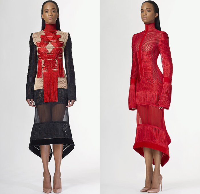 Sukeina by Omar Salam 2021-2022 Fall Autumn Winter Womens Lookbook Presentation - New York Fashion Week NYFW - Turtleneck Sport Band Mesh Threads Fringes Bodycon Knit Dress Sleeveless Sweater Sweaterdress Stripes Fur Shearling Zipper Jogger Sweatpants Embroidery Studs Sheer Tulle Ruffles Blouse Petal Hem Peel Away Fold Over Sculptural Leggings Tights Corset Shapewear Metallic Silver Gold Embossed Engraved Patchwork Panels Accordion Pleats Vest Coat Elevator Heels