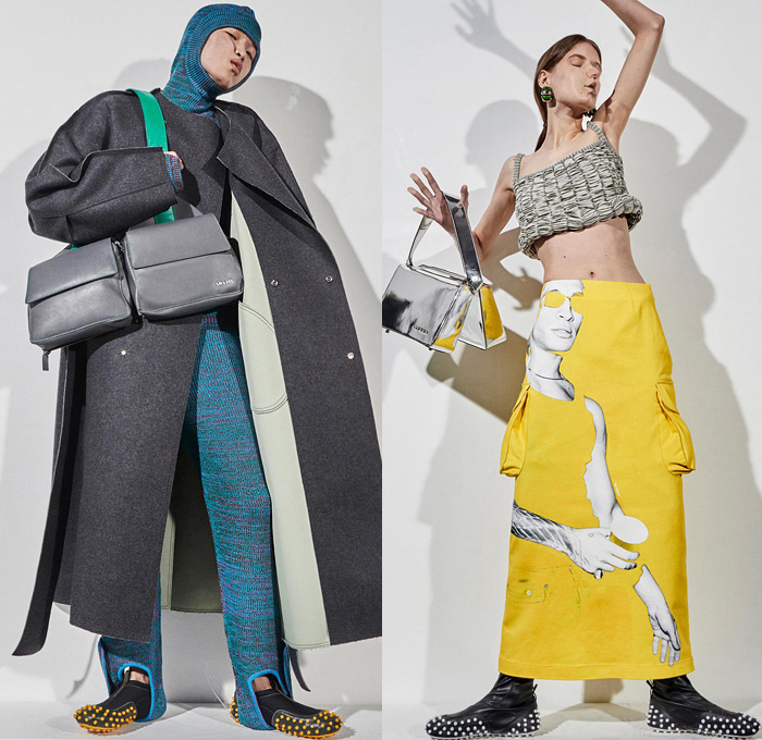 Sunnei 2021-2022 Fall Autumn Winter Womens Mens Lookbook Presentation - Milano Moda Donna Collezione Milan Fashion Week Italy - Face Splat Crushed On Screen Oversized Coat Parka Knit Turtleneck Roll Up Sweater Loungewear Crop Top Midriff Cargo Utility Pockets Velvet Corduroy Cutout Arm Sleeve Zipper Skirt Stripes Wide Leg Palazzo Pants Strapless Dress Trackwear Shirtdress Djellaba Brocade Jacquard Ribbed Party Photo Drink Cup Metallic Handbag Satchel Tote Studded Boots