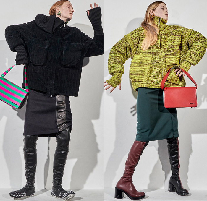 Sunnei 2021-2022 Fall Autumn Winter Womens Mens Lookbook Presentation - Milano Moda Donna Collezione Milan Fashion Week Italy - Face Splat Crushed On Screen Oversized Coat Parka Knit Turtleneck Roll Up Sweater Loungewear Crop Top Midriff Cargo Utility Pockets Velvet Corduroy Cutout Arm Sleeve Zipper Skirt Stripes Wide Leg Palazzo Pants Strapless Dress Trackwear Shirtdress Djellaba Brocade Jacquard Ribbed Party Photo Drink Cup Metallic Handbag Satchel Tote Studded Boots