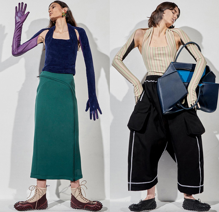 Sunnei 2021-2022 Fall Autumn Winter Womens Mens Lookbook Presentation - Milano Moda Donna Collezione Milan Fashion Week Italy - Face Splat Crushed On Screen Oversized Coat Parka Knit Turtleneck Roll Up Sweater Loungewear Crop Top Midriff Cargo Utility Pockets Velvet Corduroy Cutout Arm Sleeve Zipper Skirt Stripes Wide Leg Palazzo Pants Strapless Dress Trackwear Shirtdress Djellaba Brocade Jacquard Ribbed Party Photo Drink Cup Metallic Handbag Satchel Tote Studded Boots