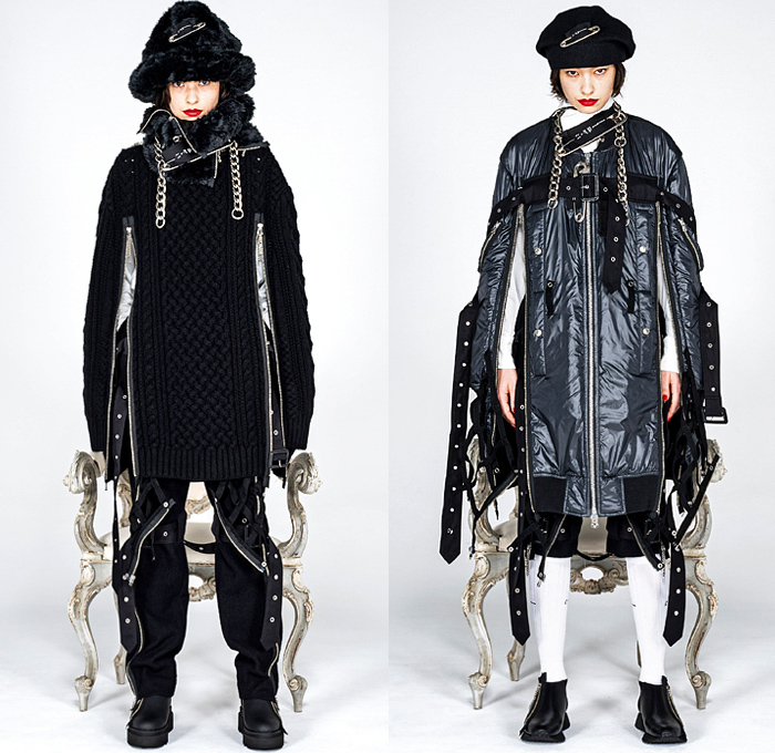 Takahiro Miyashita TheSoloist. 2021-2022 Fall Autumn Winter Womens Lookbook Presentation - Paris Fashion Week Femme PFW - Punk Biker Zippers Straps Belts Grunge Safety Pins Chains Grommets Eyelets Mesh Fishnet Wool Pea Coat Furry Plush Outerwear Sunglasses Quilted Puffer Bomber Jacket Chunky Knit Weave Sweater Sweatshirt Shorts Leggings Beret Flat Cap Hat Boots