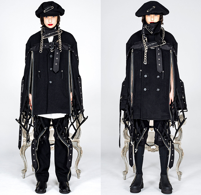 Takahiro Miyashita TheSoloist. 2021-2022 Fall Autumn Winter Womens Lookbook Presentation - Paris Fashion Week Femme PFW - Punk Biker Zippers Straps Belts Grunge Safety Pins Chains Grommets Eyelets Mesh Fishnet Wool Pea Coat Furry Plush Outerwear Sunglasses Quilted Puffer Bomber Jacket Chunky Knit Weave Sweater Sweatshirt Shorts Leggings Beret Flat Cap Hat Boots