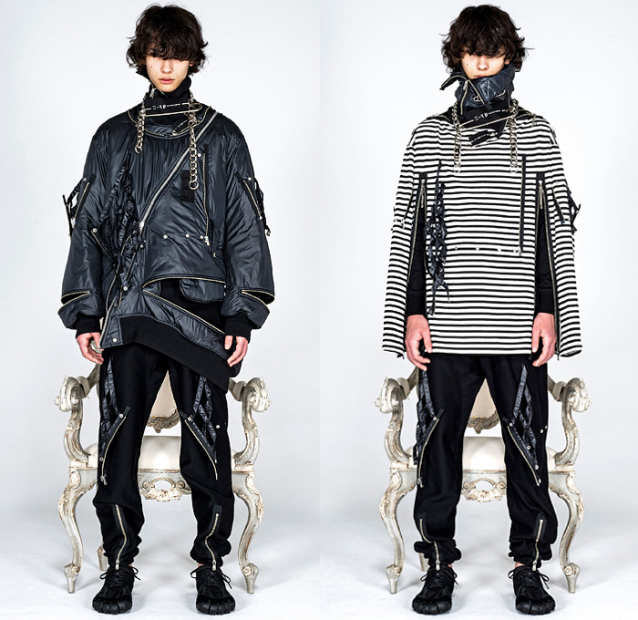 Takahiro Miyashita TheSoloist. 2021-2022 Fall Autumn Winter Mens Lookbook Presentation - Paris Fashion Week Femme PFW - Punk Biker Zippers Straps Belts Grunge Safety Pins Chains Grommets Eyelets Mesh Fishnet Sweatshirt Vest Shorts Cuffs Hoodie Jogger Sweatpants Prison Stripes Quilted Puffer Bomber Jacket Sneakers