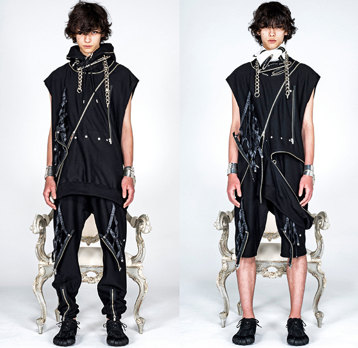 Takahiro Miyashita TheSoloist. 2021-2022 Fall Autumn Winter Mens Lookbook Presentation - Paris Fashion Week Femme PFW - Punk Biker Zippers Straps Belts Grunge Safety Pins Chains Grommets Eyelets Mesh Fishnet Sweatshirt Vest Shorts Cuffs Hoodie Jogger Sweatpants Prison Stripes Quilted Puffer Bomber Jacket Sneakers