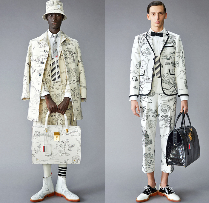 Thom Browne 2021 Pre-Fall Autumn Mens Lookbook Presentation - Grizzly Bear Family Playing Guitar Rabbit Salmon Fish Harmony Patchwork Embroidery Drawings Knit Intarsia School Boy Shetland Plaid Check Tartan Cashmere Flannel Wool Grosgrain Quilted Puffer Parka Coat Blazer Jacket Suit Neck Tie Loungewear Bow Corset Plush Accordion Pleats Manskirt Kilt Cropped Pants Shorts Lanyard Doctor's Bag Animal Dog Handbag Folio Stripes Socks Duck Boots Brogues Slippers Beanie Bucket Bowler Hat