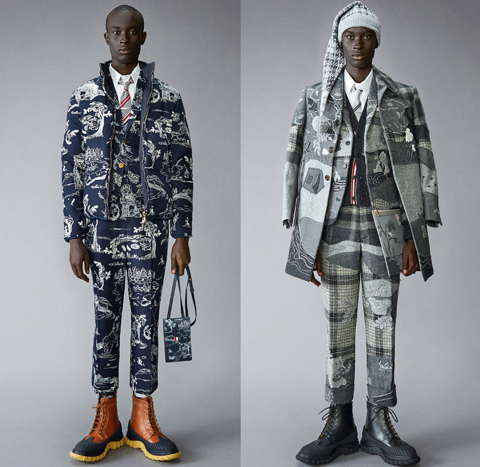 Thom Browne 2021 Pre-Fall Autumn Mens Lookbook Presentation - Grizzly Bear Family Playing Guitar Rabbit Salmon Fish Harmony Patchwork Embroidery Drawings Knit Intarsia School Boy Shetland Plaid Check Tartan Cashmere Flannel Wool Grosgrain Quilted Puffer Parka Coat Blazer Jacket Suit Neck Tie Loungewear Bow Corset Plush Accordion Pleats Manskirt Kilt Cropped Pants Shorts Lanyard Doctor's Bag Animal Dog Handbag Folio Stripes Socks Duck Boots Brogues Slippers Beanie Bucket Bowler Hat