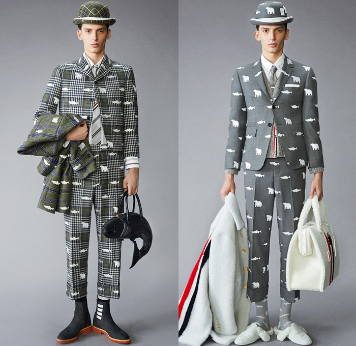 Thom Browne 2021 Pre-Fall Autumn Mens Lookbook Presentation - Grizzly Bear Family Playing Guitar Rabbit Salmon Fish Harmony Patchwork Embroidery Drawings Knit Intarsia School Boy Shetland Plaid Check Tartan Cashmere Flannel Wool Grosgrain Quilted Puffer Parka Coat Blazer Jacket Suit Neck Tie Loungewear Bow Corset Plush Accordion Pleats Manskirt Kilt Cropped Pants Shorts Lanyard Doctor's Bag Animal Dog Handbag Folio Stripes Socks Duck Boots Brogues Slippers Beanie Bucket Bowler Hat