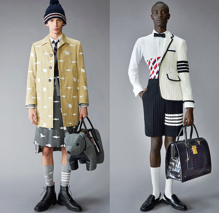 Thom Browne 2021 Pre-Fall Autumn Mens Lookbook Presentation - Grizzly Bear Family Playing Guitar Rabbit Salmon Fish Harmony Patchwork Embroidery Drawings Knit Intarsia School Boy Shetland Plaid Check Tartan Cashmere Flannel Wool Grosgrain Quilted Puffer Parka Coat Blazer Jacket Suit Neck Tie Loungewear Bow Corset Plush Accordion Pleats Manskirt Kilt Cropped Pants Shorts Lanyard Doctor's Bag Animal Dog Handbag Folio Stripes Socks Duck Boots Brogues Slippers Beanie Bucket Bowler Hat