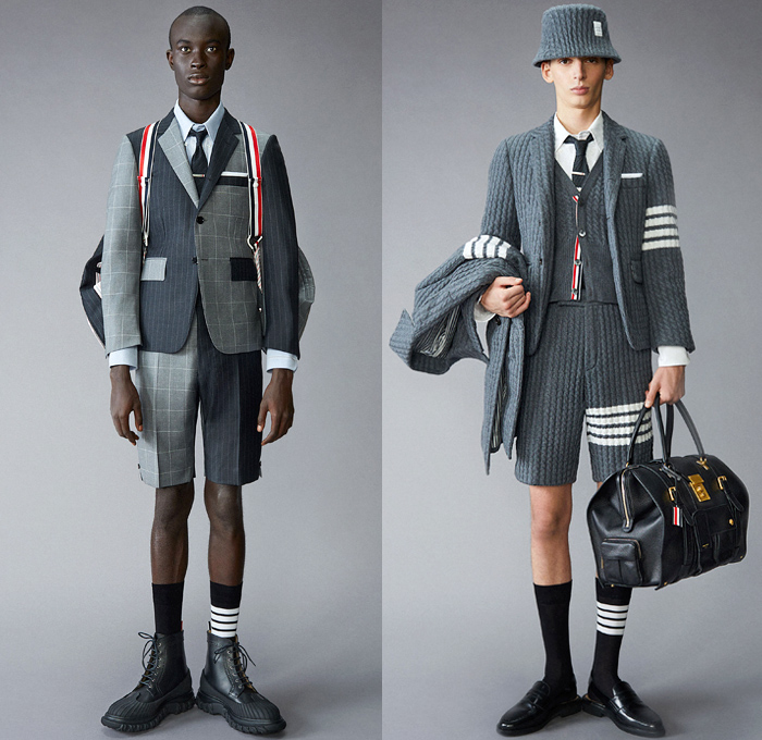 Thom Browne 2021 Pre-Fall Autumn Mens Lookbook Presentation - Grizzly Bear Family Playing Guitar Rabbit Salmon Fish Harmony Patchwork Embroidery Drawings Knit Intarsia School Boy Shetland Plaid Check Tartan Cashmere Flannel Wool Grosgrain Quilted Puffer Parka Coat Blazer Jacket Suit Neck Tie Loungewear Bow Corset Plush Accordion Pleats Manskirt Kilt Cropped Pants Shorts Lanyard Doctor's Bag Animal Dog Handbag Folio Stripes Socks Duck Boots Brogues Slippers Beanie Bucket Bowler Hat