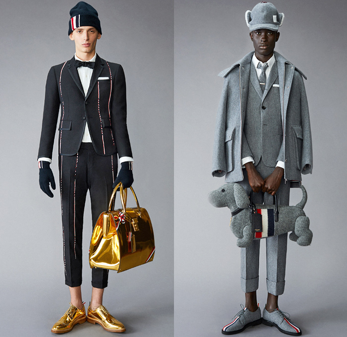 Thom Browne 2021 Pre-Fall Autumn Mens Lookbook Presentation - Grizzly Bear Family Playing Guitar Rabbit Salmon Fish Harmony Patchwork Embroidery Drawings Knit Intarsia School Boy Shetland Plaid Check Tartan Cashmere Flannel Wool Grosgrain Quilted Puffer Parka Coat Blazer Jacket Suit Neck Tie Loungewear Bow Corset Plush Accordion Pleats Manskirt Kilt Cropped Pants Shorts Lanyard Doctor's Bag Animal Dog Handbag Folio Stripes Socks Duck Boots Brogues Slippers Beanie Bucket Bowler Hat