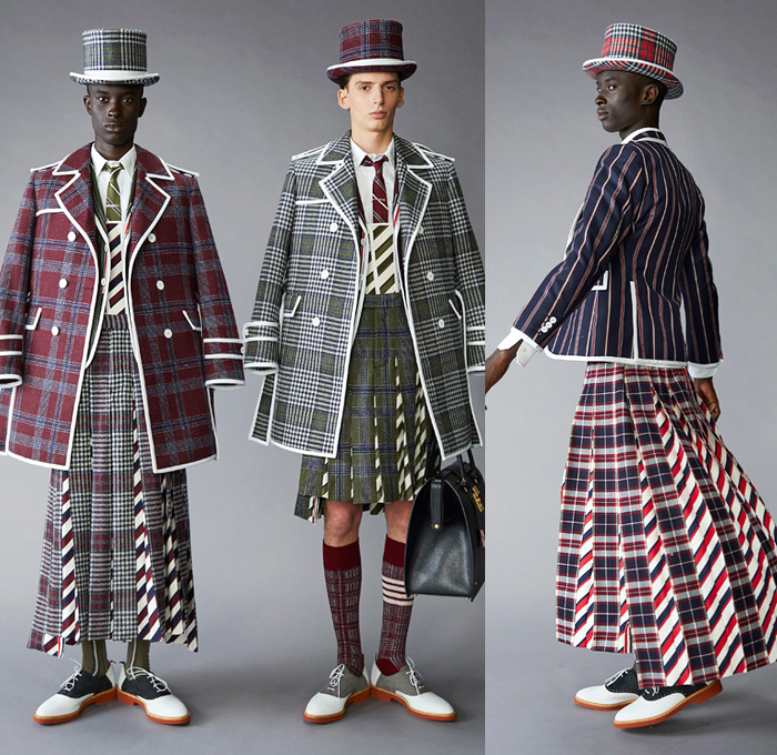 Thom Browne 2021 Pre-Fall Autumn Mens Lookbook Presentation - Grizzly Bear Family Playing Guitar Rabbit Salmon Fish Harmony Patchwork Embroidery Drawings Knit Intarsia School Boy Shetland Plaid Check Tartan Cashmere Flannel Wool Grosgrain Quilted Puffer Parka Coat Blazer Jacket Suit Neck Tie Loungewear Bow Corset Plush Accordion Pleats Manskirt Kilt Cropped Pants Shorts Lanyard Doctor's Bag Animal Dog Handbag Folio Stripes Socks Duck Boots Brogues Slippers Beanie Bucket Bowler Hat