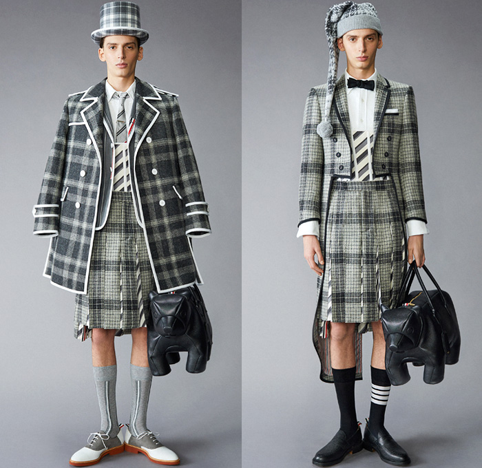 Thom Browne 2021 Pre-Fall Autumn Mens Lookbook Presentation - Grizzly Bear Family Playing Guitar Rabbit Salmon Fish Harmony Patchwork Embroidery Drawings Knit Intarsia School Boy Shetland Plaid Check Tartan Cashmere Flannel Wool Grosgrain Quilted Puffer Parka Coat Blazer Jacket Suit Neck Tie Loungewear Bow Corset Plush Accordion Pleats Manskirt Kilt Cropped Pants Shorts Lanyard Doctor's Bag Animal Dog Handbag Folio Stripes Socks Duck Boots Brogues Slippers Beanie Bucket Bowler Hat