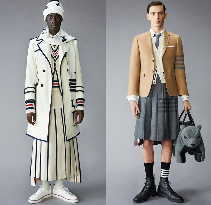 Thom Browne 2021 Pre-Fall Autumn Mens Lookbook Presentation - Grizzly Bear Family Playing Guitar Rabbit Salmon Fish Harmony Patchwork Embroidery Drawings Knit Intarsia School Boy Shetland Plaid Check Tartan Cashmere Flannel Wool Grosgrain Quilted Puffer Parka Coat Blazer Jacket Suit Neck Tie Loungewear Bow Corset Plush Accordion Pleats Manskirt Kilt Cropped Pants Shorts Lanyard Doctor's Bag Animal Dog Handbag Folio Stripes Socks Duck Boots Brogues Slippers Beanie Bucket Bowler Hat