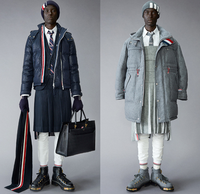 Thom Browne 2021 Pre-Fall Autumn Mens Lookbook Presentation - Grizzly Bear Family Playing Guitar Rabbit Salmon Fish Harmony Patchwork Embroidery Drawings Knit Intarsia School Boy Shetland Plaid Check Tartan Cashmere Flannel Wool Grosgrain Quilted Puffer Parka Coat Blazer Jacket Suit Neck Tie Loungewear Bow Corset Plush Accordion Pleats Manskirt Kilt Cropped Pants Shorts Lanyard Doctor's Bag Animal Dog Handbag Folio Stripes Socks Duck Boots Brogues Slippers Beanie Bucket Bowler Hat