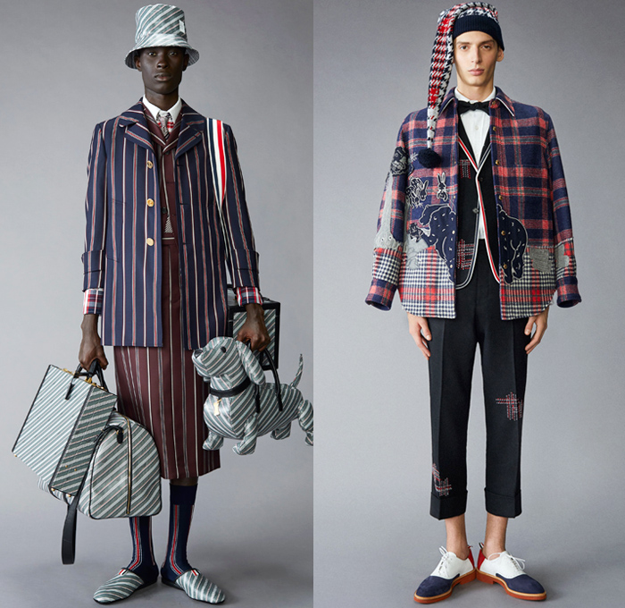 Thom Browne 2021 Pre-Fall Autumn Mens Lookbook Presentation - Grizzly Bear Family Playing Guitar Rabbit Salmon Fish Harmony Patchwork Embroidery Drawings Knit Intarsia School Boy Shetland Plaid Check Tartan Cashmere Flannel Wool Grosgrain Quilted Puffer Parka Coat Blazer Jacket Suit Neck Tie Loungewear Bow Corset Plush Accordion Pleats Manskirt Kilt Cropped Pants Shorts Lanyard Doctor's Bag Animal Dog Handbag Folio Stripes Socks Duck Boots Brogues Slippers Beanie Bucket Bowler Hat