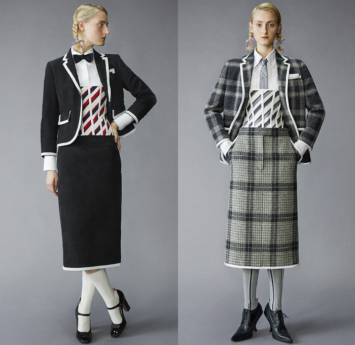 Thom Browne 2021 Pre-Fall Autumn Womens Lookbook Presentation - Scout Uniform Plaid Check Military Trench Coat Tuxedo Jacket Blazer Bow Tie Stripes Corset Wool Tweed Kilt Skirt Salmon Bear Dandelions Quilted Puffer Accordion Pleats Fleece Knit Cap Top Hat Ribbons Patchwork Panels Half Split Straps Shorts Landscape Illustration Drawing Scarf Mullet High-Low Hem Frayed Athletic Socks Duck Boots Brogues Kitten Heels Animal Fish Doctor Handbag