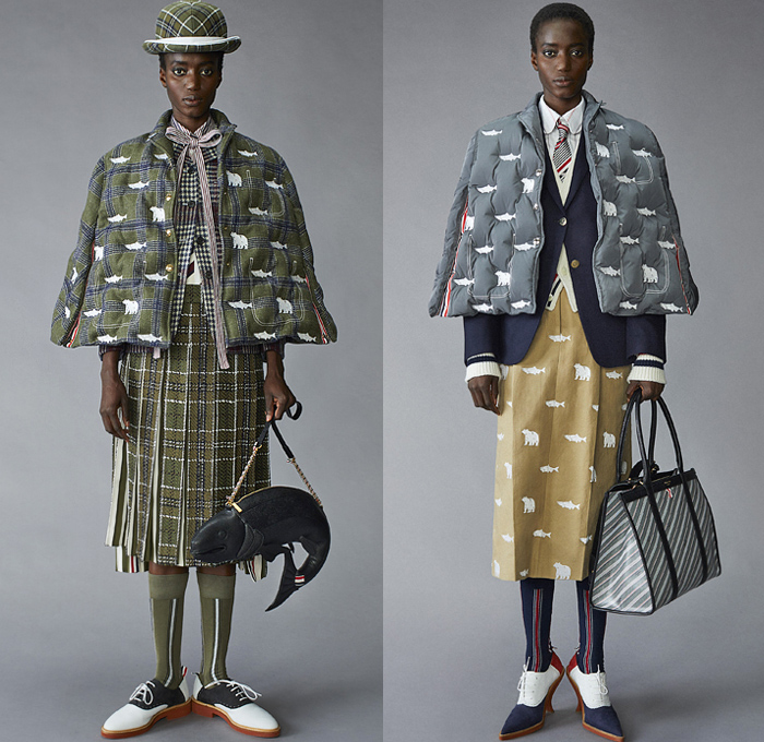 Thom Browne 2021 Pre-Fall Autumn Womens Lookbook Presentation - Scout Uniform Plaid Check Military Trench Coat Tuxedo Jacket Blazer Bow Tie Stripes Corset Wool Tweed Kilt Skirt Salmon Bear Dandelions Quilted Puffer Accordion Pleats Fleece Knit Cap Top Hat Ribbons Patchwork Panels Half Split Straps Shorts Landscape Illustration Drawing Scarf Mullet High-Low Hem Frayed Athletic Socks Duck Boots Brogues Kitten Heels Animal Fish Doctor Handbag