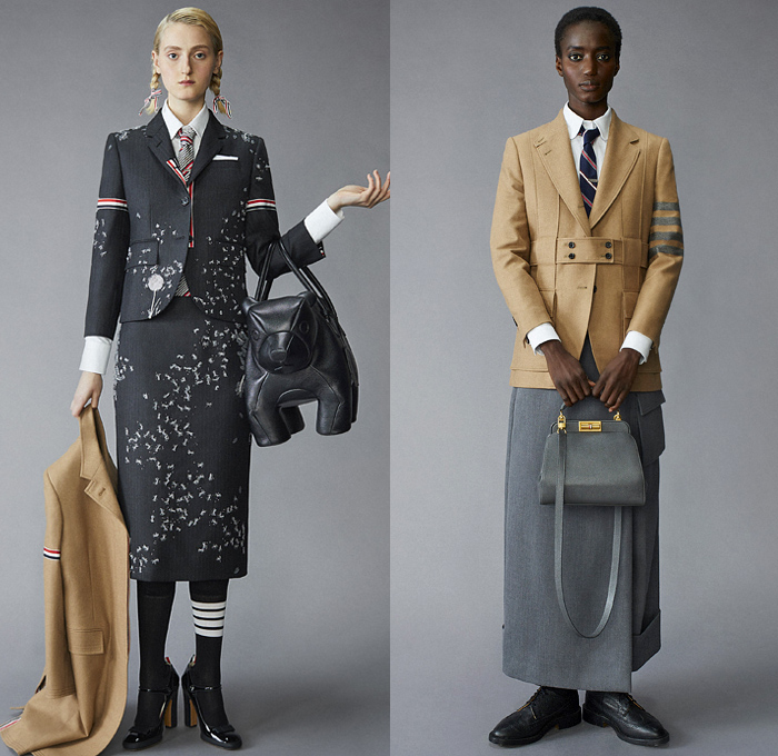 Thom Browne 2021 Pre-Fall Autumn Womens Lookbook Presentation - Scout Uniform Plaid Check Military Trench Coat Tuxedo Jacket Blazer Bow Tie Stripes Corset Wool Tweed Kilt Skirt Salmon Bear Dandelions Quilted Puffer Accordion Pleats Fleece Knit Cap Top Hat Ribbons Patchwork Panels Half Split Straps Shorts Landscape Illustration Drawing Scarf Mullet High-Low Hem Frayed Athletic Socks Duck Boots Brogues Kitten Heels Animal Fish Doctor Handbag