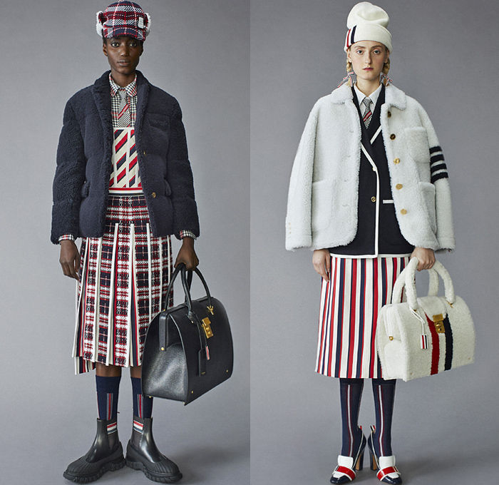 Thom Browne 2021 Pre-Fall Autumn Womens Lookbook Presentation - Scout Uniform Plaid Check Military Trench Coat Tuxedo Jacket Blazer Bow Tie Stripes Corset Wool Tweed Kilt Skirt Salmon Bear Dandelions Quilted Puffer Accordion Pleats Fleece Knit Cap Top Hat Ribbons Patchwork Panels Half Split Straps Shorts Landscape Illustration Drawing Scarf Mullet High-Low Hem Frayed Athletic Socks Duck Boots Brogues Kitten Heels Animal Fish Doctor Handbag