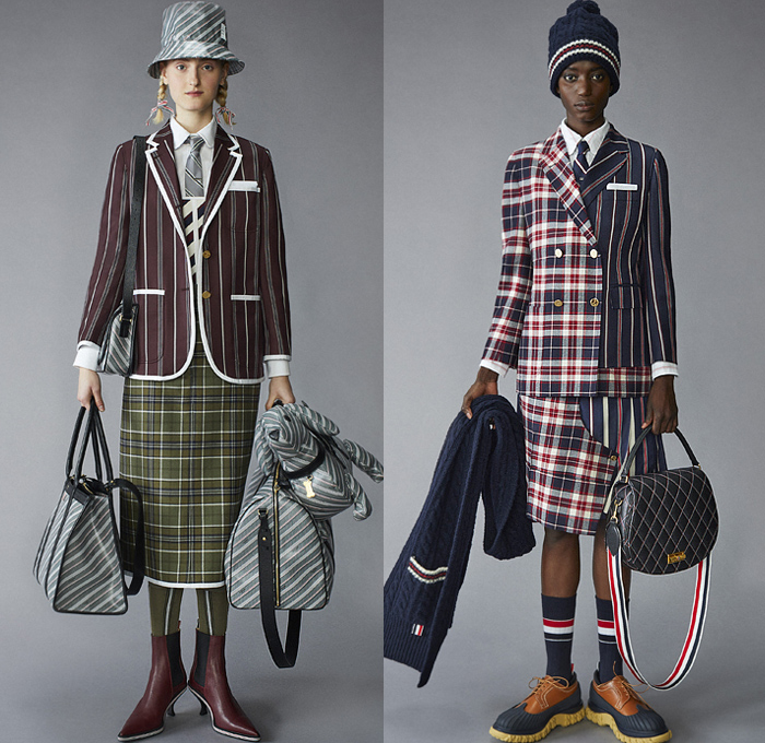 Thom Browne 2021 Pre-Fall Autumn Womens Lookbook Presentation - Scout Uniform Plaid Check Military Trench Coat Tuxedo Jacket Blazer Bow Tie Stripes Corset Wool Tweed Kilt Skirt Salmon Bear Dandelions Quilted Puffer Accordion Pleats Fleece Knit Cap Top Hat Ribbons Patchwork Panels Half Split Straps Shorts Landscape Illustration Drawing Scarf Mullet High-Low Hem Frayed Athletic Socks Duck Boots Brogues Kitten Heels Animal Fish Doctor Handbag