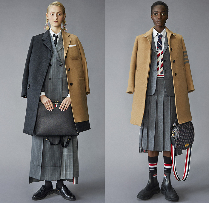 Thom Browne 2021 Pre-Fall Autumn Womens Lookbook Presentation - Scout Uniform Plaid Check Military Trench Coat Tuxedo Jacket Blazer Bow Tie Stripes Corset Wool Tweed Kilt Skirt Salmon Bear Dandelions Quilted Puffer Accordion Pleats Fleece Knit Cap Top Hat Ribbons Patchwork Panels Half Split Straps Shorts Landscape Illustration Drawing Scarf Mullet High-Low Hem Frayed Athletic Socks Duck Boots Brogues Kitten Heels Animal Fish Doctor Handbag