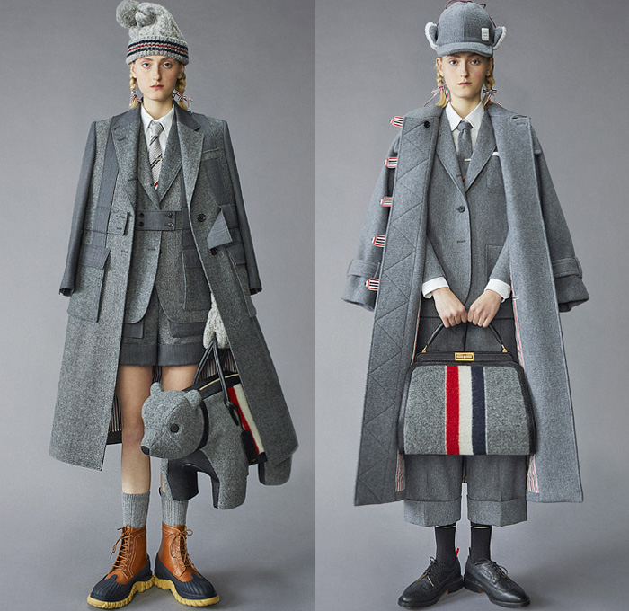 Thom Browne 2021 Pre-Fall Autumn Womens Lookbook Presentation - Scout Uniform Plaid Check Military Trench Coat Tuxedo Jacket Blazer Bow Tie Stripes Corset Wool Tweed Kilt Skirt Salmon Bear Dandelions Quilted Puffer Accordion Pleats Fleece Knit Cap Top Hat Ribbons Patchwork Panels Half Split Straps Shorts Landscape Illustration Drawing Scarf Mullet High-Low Hem Frayed Athletic Socks Duck Boots Brogues Kitten Heels Animal Fish Doctor Handbag