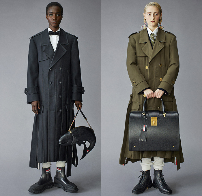 Thom Browne 2021 Pre-Fall Autumn Womens Lookbook Presentation - Scout Uniform Plaid Check Military Trench Coat Tuxedo Jacket Blazer Bow Tie Stripes Corset Wool Tweed Kilt Skirt Salmon Bear Dandelions Quilted Puffer Accordion Pleats Fleece Knit Cap Top Hat Ribbons Patchwork Panels Half Split Straps Shorts Landscape Illustration Drawing Scarf Mullet High-Low Hem Frayed Athletic Socks Duck Boots Brogues Kitten Heels Animal Fish Doctor Handbag