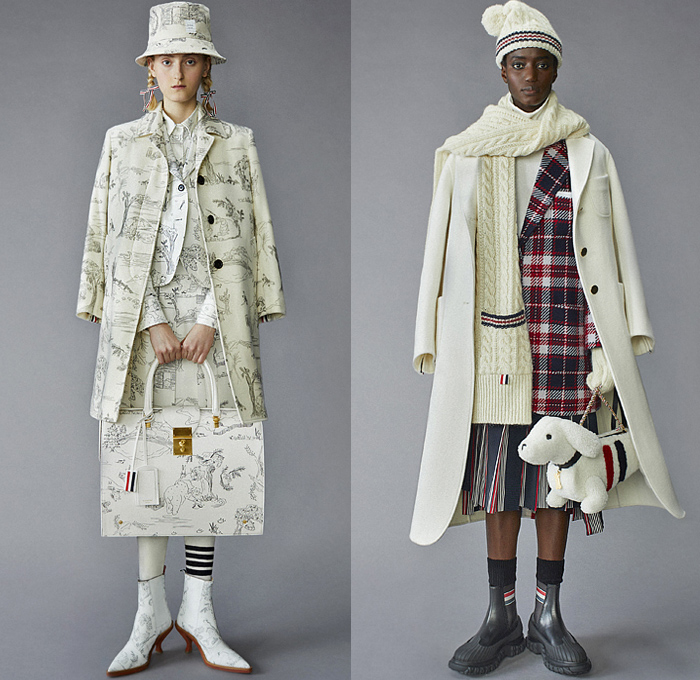 Thom Browne 2021 Pre-Fall Autumn Womens Lookbook Presentation - Scout Uniform Plaid Check Military Trench Coat Tuxedo Jacket Blazer Bow Tie Stripes Corset Wool Tweed Kilt Skirt Salmon Bear Dandelions Quilted Puffer Accordion Pleats Fleece Knit Cap Top Hat Ribbons Patchwork Panels Half Split Straps Shorts Landscape Illustration Drawing Scarf Mullet High-Low Hem Frayed Athletic Socks Duck Boots Brogues Kitten Heels Animal Fish Doctor Handbag