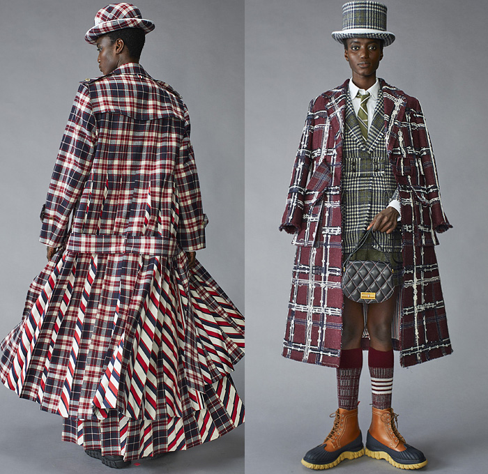 Thom Browne 2021 Pre-Fall Autumn Womens Lookbook Presentation - Scout Uniform Plaid Check Military Trench Coat Tuxedo Jacket Blazer Bow Tie Stripes Corset Wool Tweed Kilt Skirt Salmon Bear Dandelions Quilted Puffer Accordion Pleats Fleece Knit Cap Top Hat Ribbons Patchwork Panels Half Split Straps Shorts Landscape Illustration Drawing Scarf Mullet High-Low Hem Frayed Athletic Socks Duck Boots Brogues Kitten Heels Animal Fish Doctor Handbag